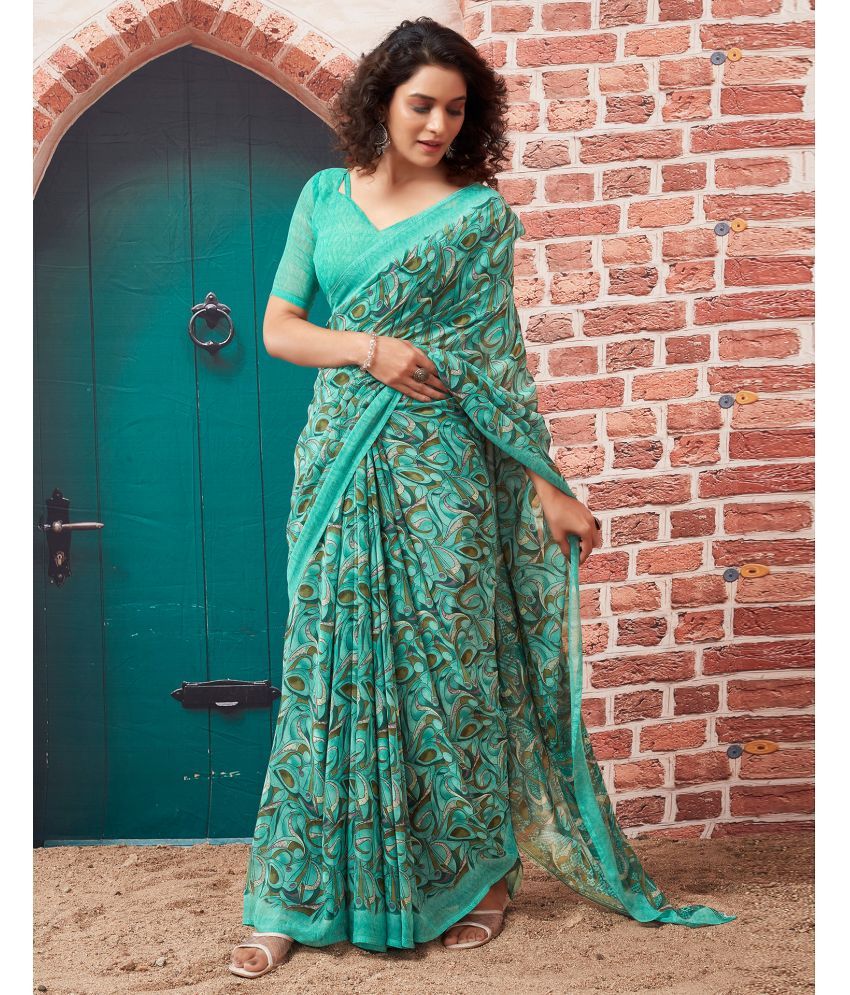     			Samah Georgette Printed Saree With Blouse Piece - Turquoise ( Pack of 1 )