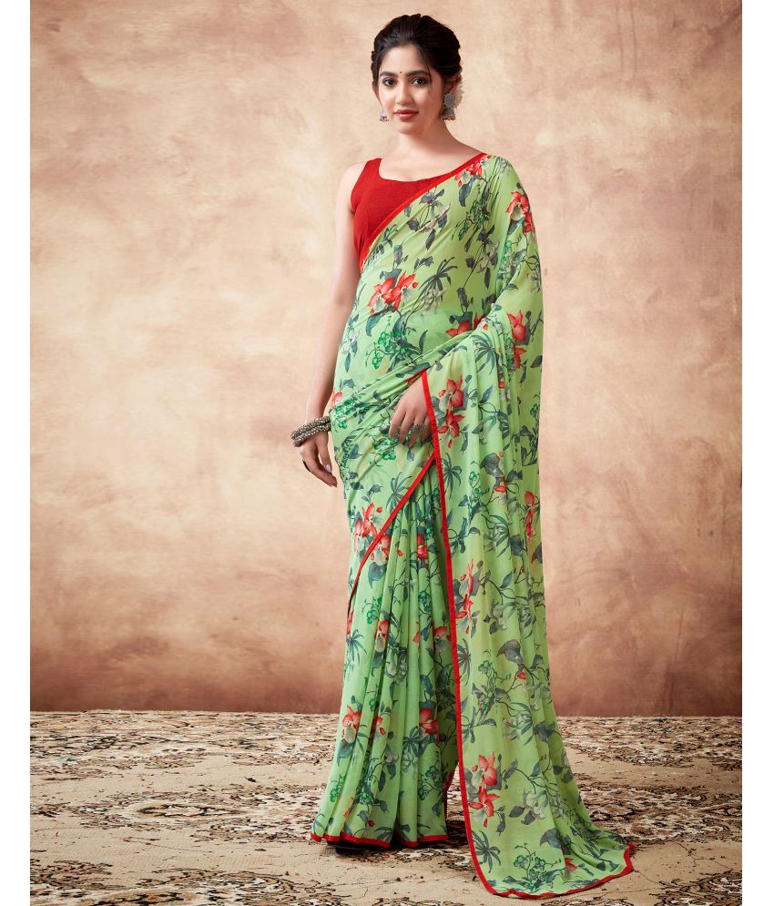     			Samah Georgette Printed Saree With Blouse Piece - Green ( Pack of 1 )