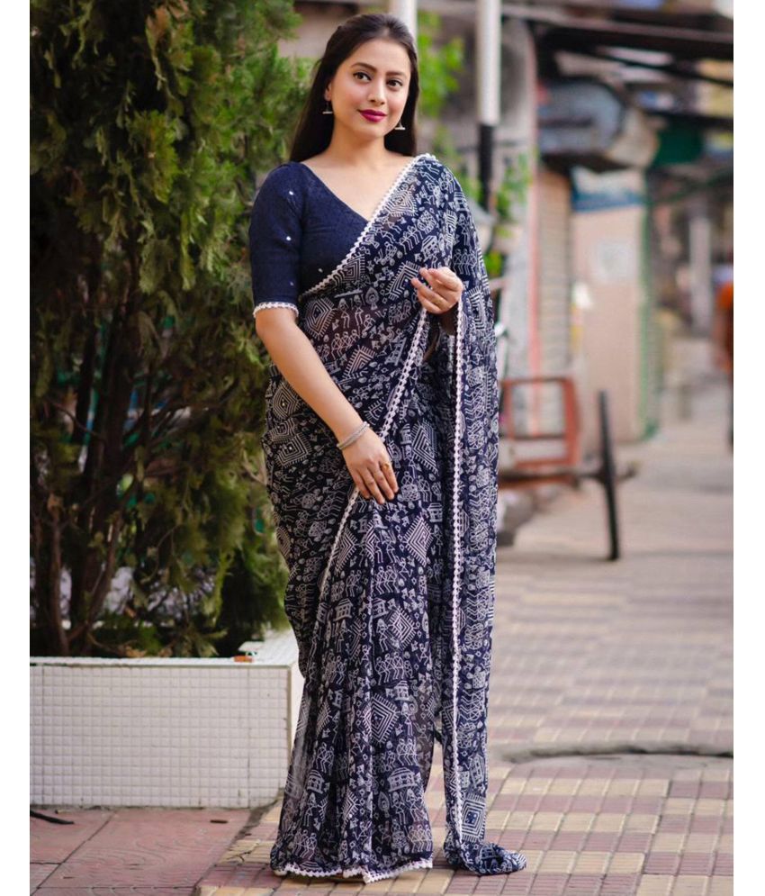     			Samah Georgette Printed Saree With Blouse Piece - Navy Blue ( Pack of 1 )