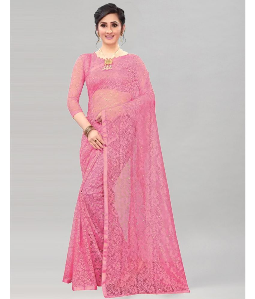     			Samah Net Embellished Saree With Blouse Piece - Pink ( Pack of 1 )