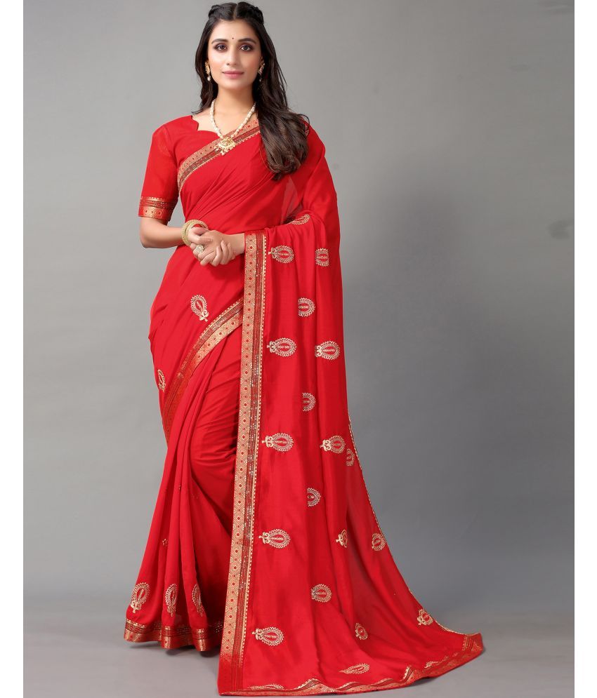     			Samah Silk Blend Embroidered Saree With Blouse Piece - Red ( Pack of 1 )