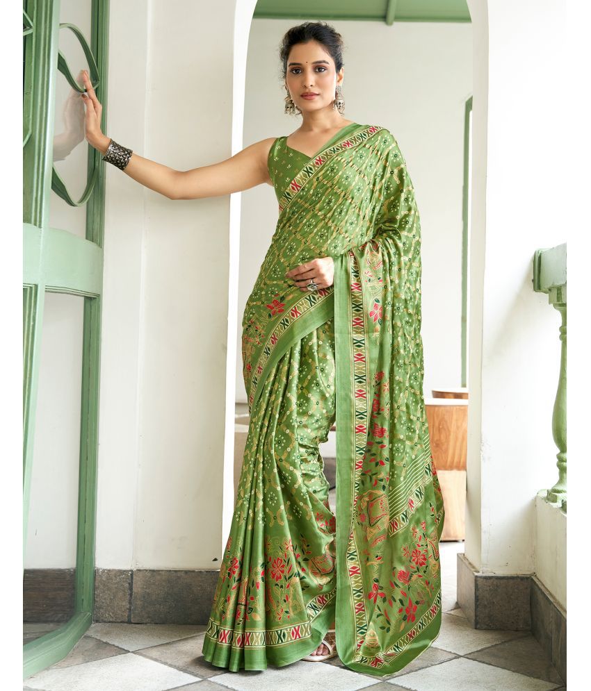     			Samah Silk Blend Printed Saree With Blouse Piece - Green ( Pack of 1 )