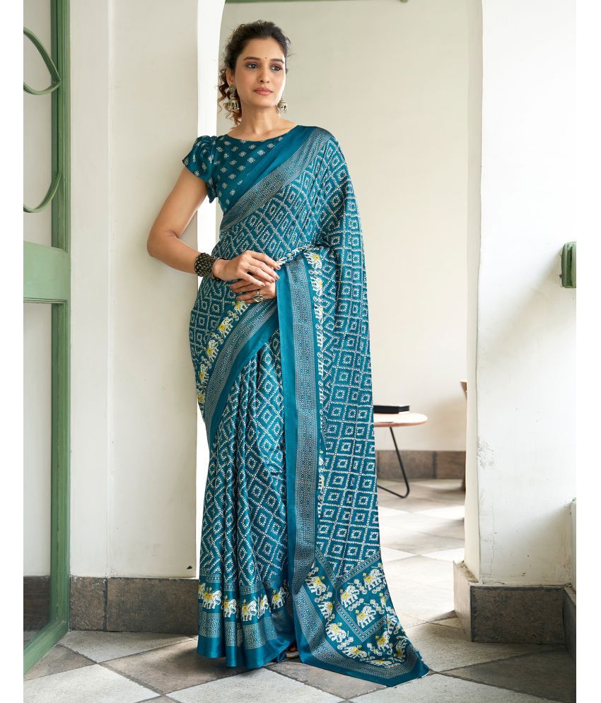     			Samah Silk Blend Printed Saree With Blouse Piece - Teal ( Pack of 1 )