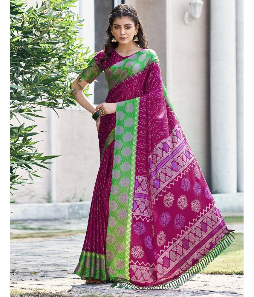     			Samah Silk Blend Printed Saree With Blouse Piece - Pink ( Pack of 1 )