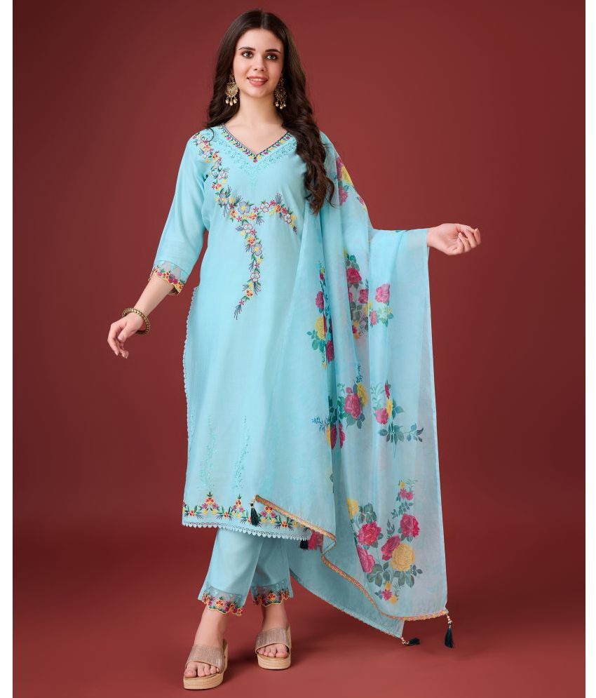     			MOJILAA Viscose Embroidered Kurti With Pants Women's Stitched Salwar Suit - Light Blue ( Pack of 1 )