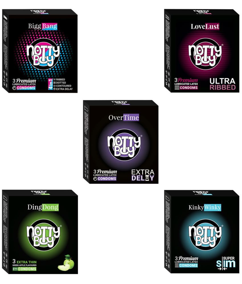     			NottyBoy BiggBang 4in1 Dots Ribs Over Time, Ultra Ribbed, Extra Delay Extra Thin, Fruit Flavoured Condoms - (Sets of 5, 15Sheets)