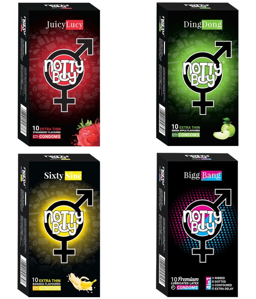     			NottyBoy Honeymoon Pack 4-In-1 Ribs Dots Contoured Extra Delay, Banana, Strawberry and Fruit Flavour Condoms - 40 Pcs