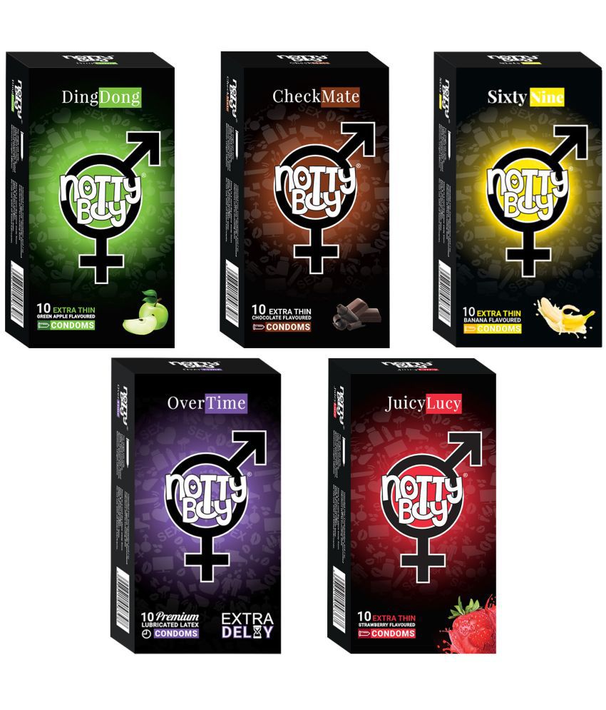     			NottyBoy Honeymoon Pack Extra Delay, Strawberry, Chocolate, Banana and Fruit Flavour Condoms - 50 Units