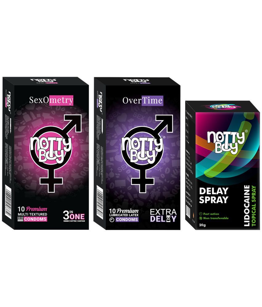     			NottyBoy OverTime Non-Transferable Spray 20gm with 3IN1 Ribs, Dots, Contour and Extra Delay Condoms (Pack of 2, 20Pcs)