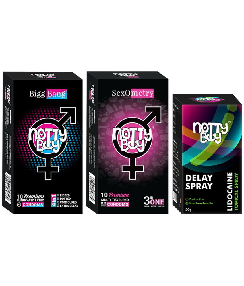     			NottyBoy OverTime Non-Transferable Spray 20gm with 3IN1 and 4IN1 Dots, Ribs, Contour, Long Time Condoms (Pack of 2, 20Pcs)