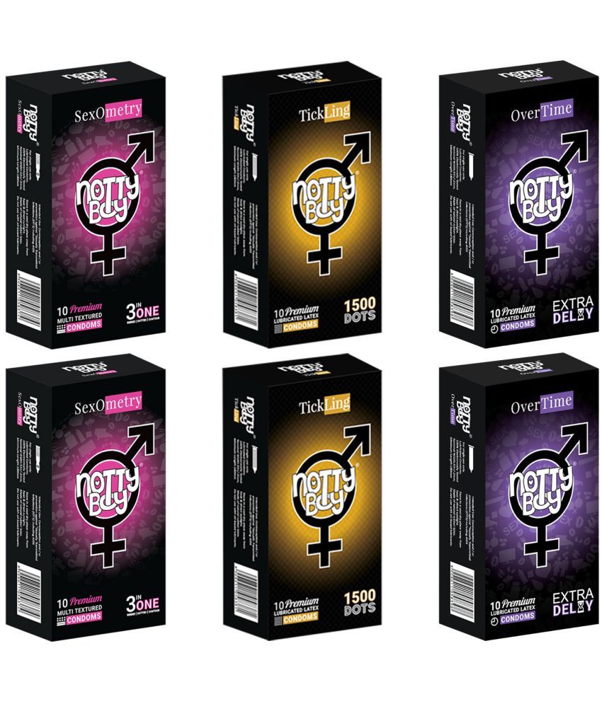     			NottyBoy Party Pack 3 IN 1, Ribbed, 1500 Dots, Contour and Extra Delay Long Time Condoms - 60 Units