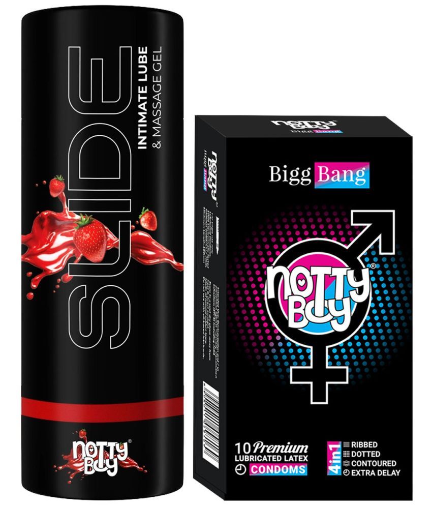     			NottyBoy Slide Strawberry Flavoured Lubricant 100ML and 4in1 Ribs Dots Contour Over Time Condoms - Pack of 2