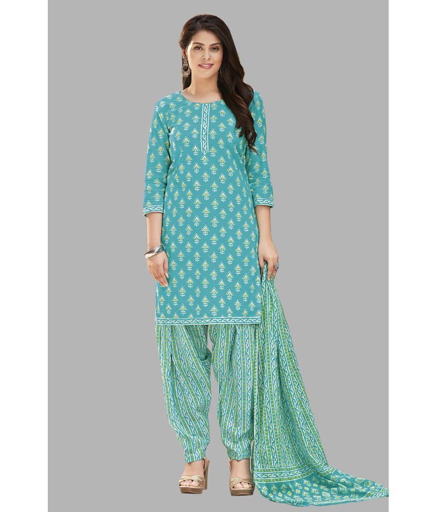     			SIMMU Unstitched Cotton Printed Dress Material - Turquoise ( Pack of 1 )