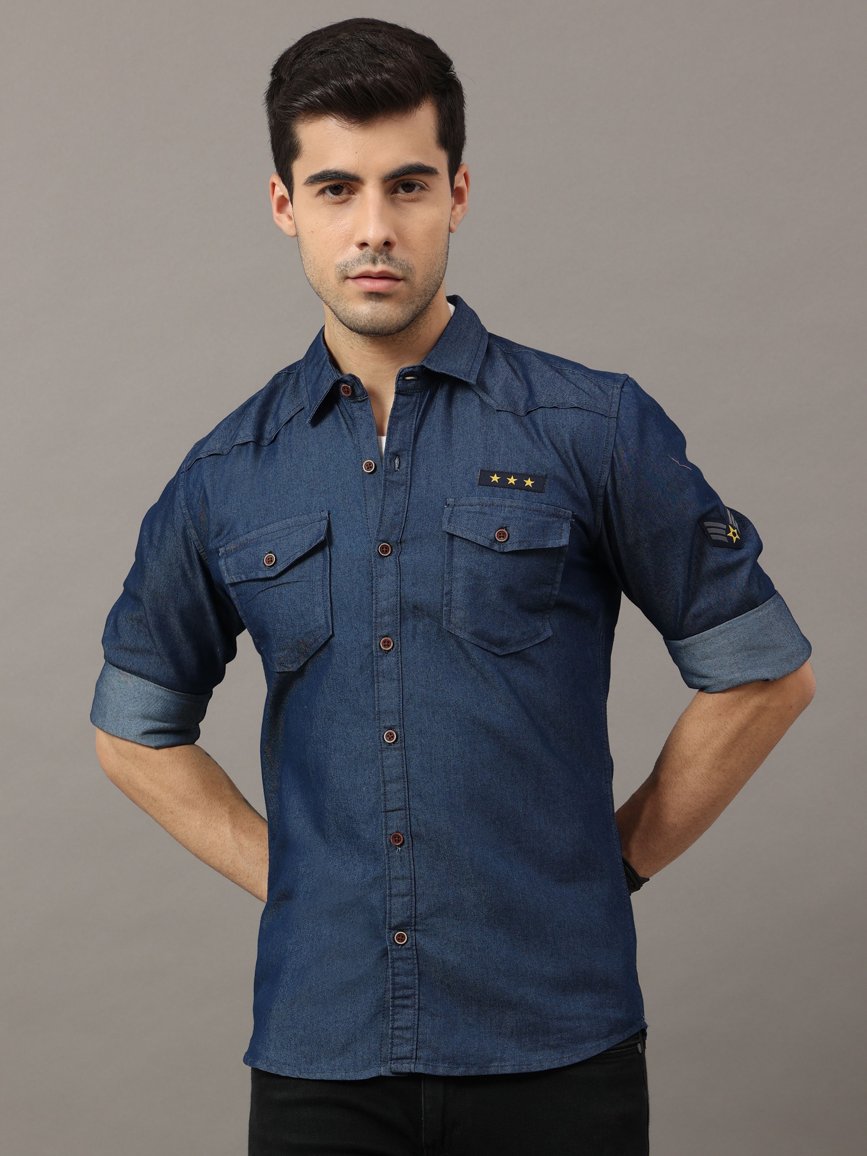     			VROJASS Denim Regular Fit Solids Full Sleeves Men's Casual Shirt - Navy Blue ( Pack of 1 )