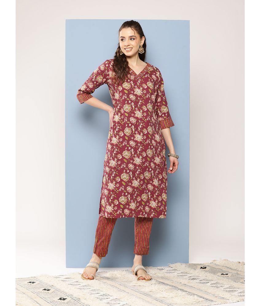     			Aarika Cotton Printed Kurti With Pants Women's Stitched Salwar Suit - Maroon ( Pack of 1 )