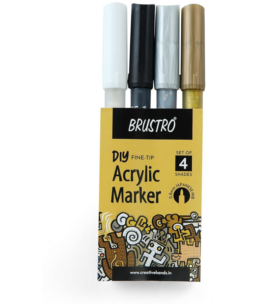     			BRUSTRO Acrylic (DIY) Fine Tip Marker Set of 4 - Gold, Silver, Black, White 0.8MM, for Craftworks, School Projects, and Other Presentations