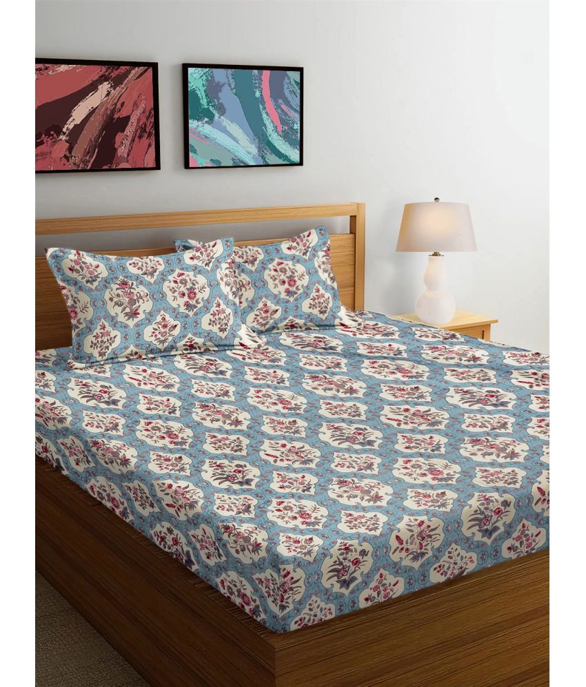     			FABINALIV Poly Cotton Floral 1 Double Bedsheet with 2 Pillow Covers - Light Blue