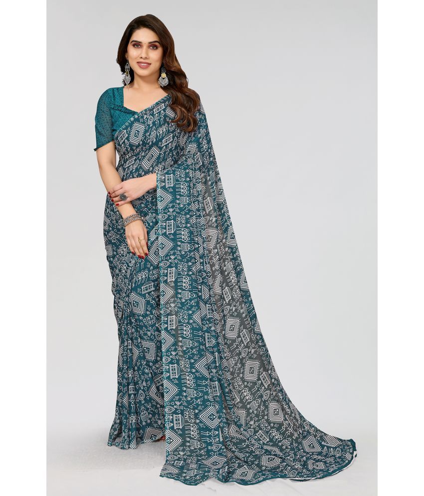     			Kashvi Sarees Georgette Printed Saree With Blouse Piece - Blue ( Pack of 1 )
