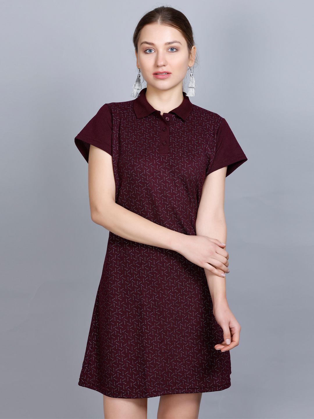     			OBAAN Cotton Blend Printed Above Knee Women's T-shirt Dress - Maroon ( Pack of 1 )