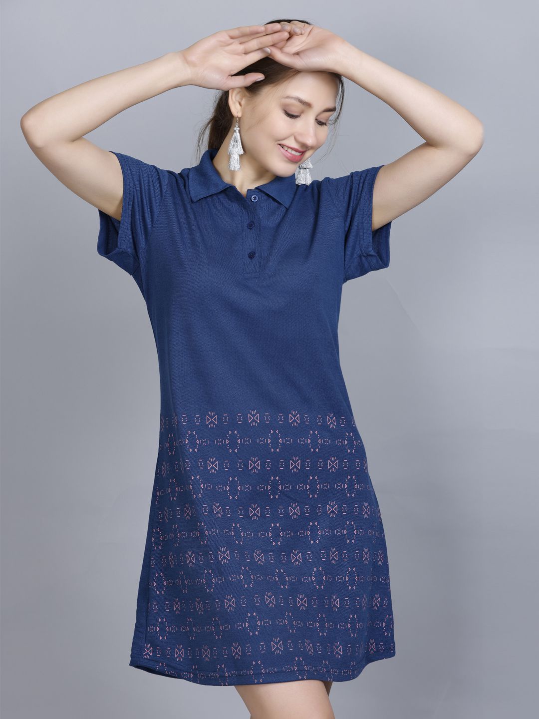     			OBAAN Cotton Blend Printed Above Knee Women's T-shirt Dress - Light Blue ( Pack of 1 )
