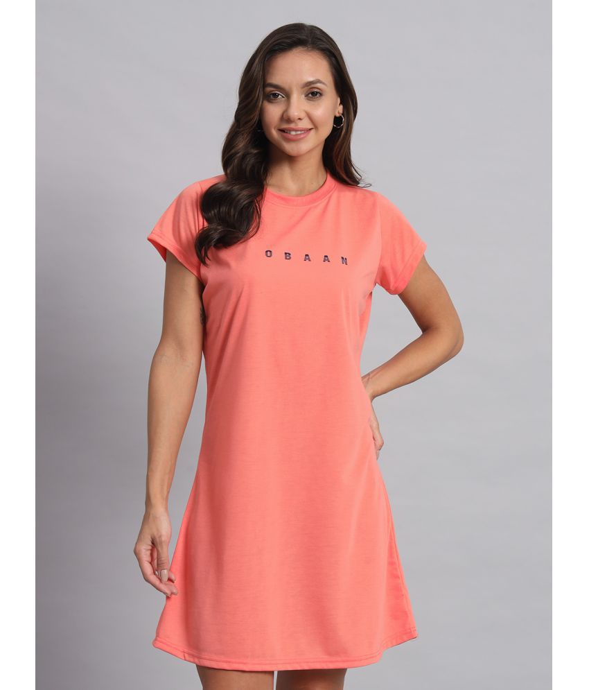     			OBAAN Cotton Blend Solid Knee Length Women's T-shirt Dress - Peach ( Pack of 1 )