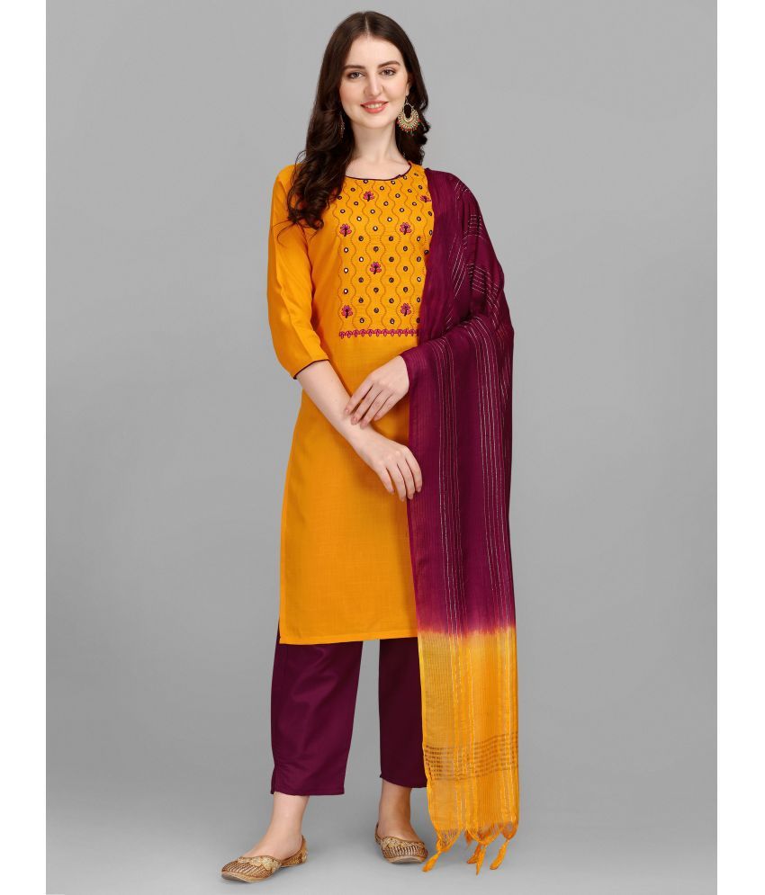     			gufrina Cotton Embroidered Kurti With Pants Women's Stitched Salwar Suit - Yellow ( Pack of 1 )