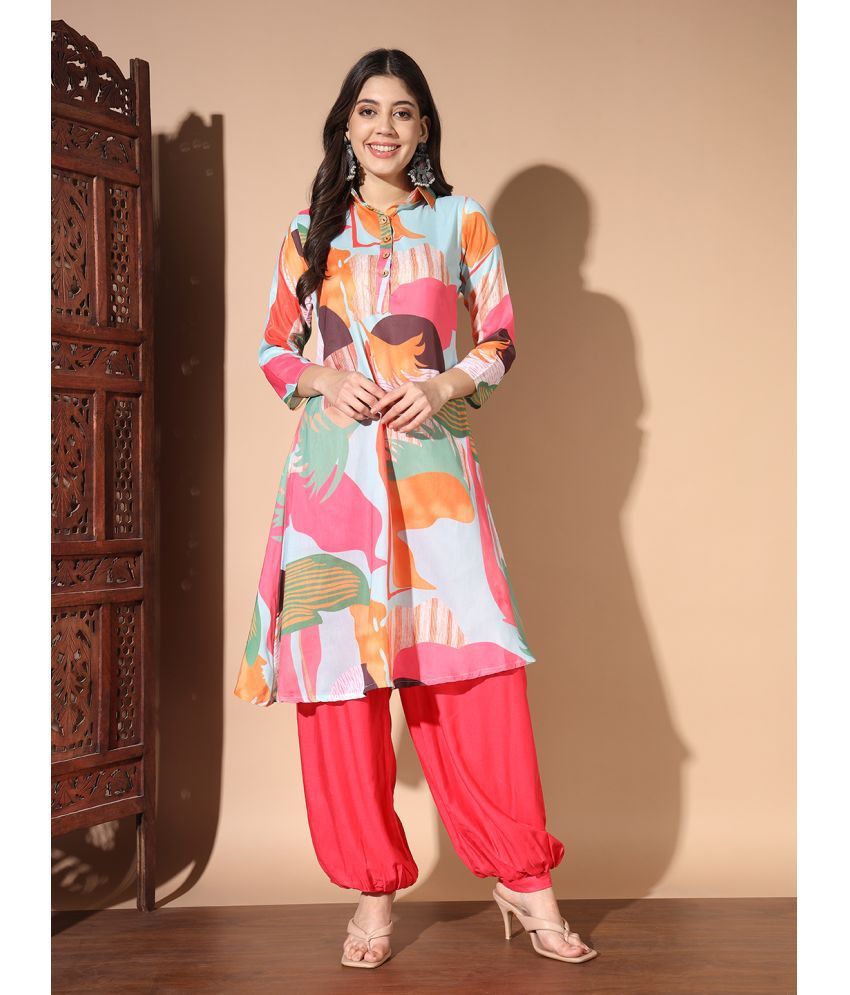     			gufrina Cotton Printed Kurti With Harems Pants Women's Stitched Salwar Suit - Peach ( Pack of 1 )