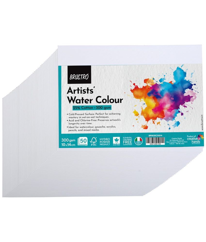    			Brustro Artists Small Watercolour Paper 25% Cold Pressed 300 GSM - 50 Sheets. Size (Small) 10 cm X 14 cm (4 Inch X 5.5 Inch)
