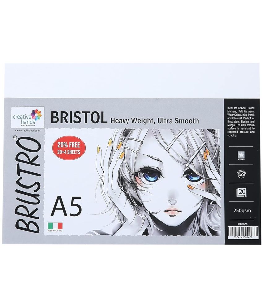     			Brustro Ultra Smooth Bristol Sheets, A5 Size, 250 GSM Pack of 20 + 4 Free Sheets (Pack of 2)