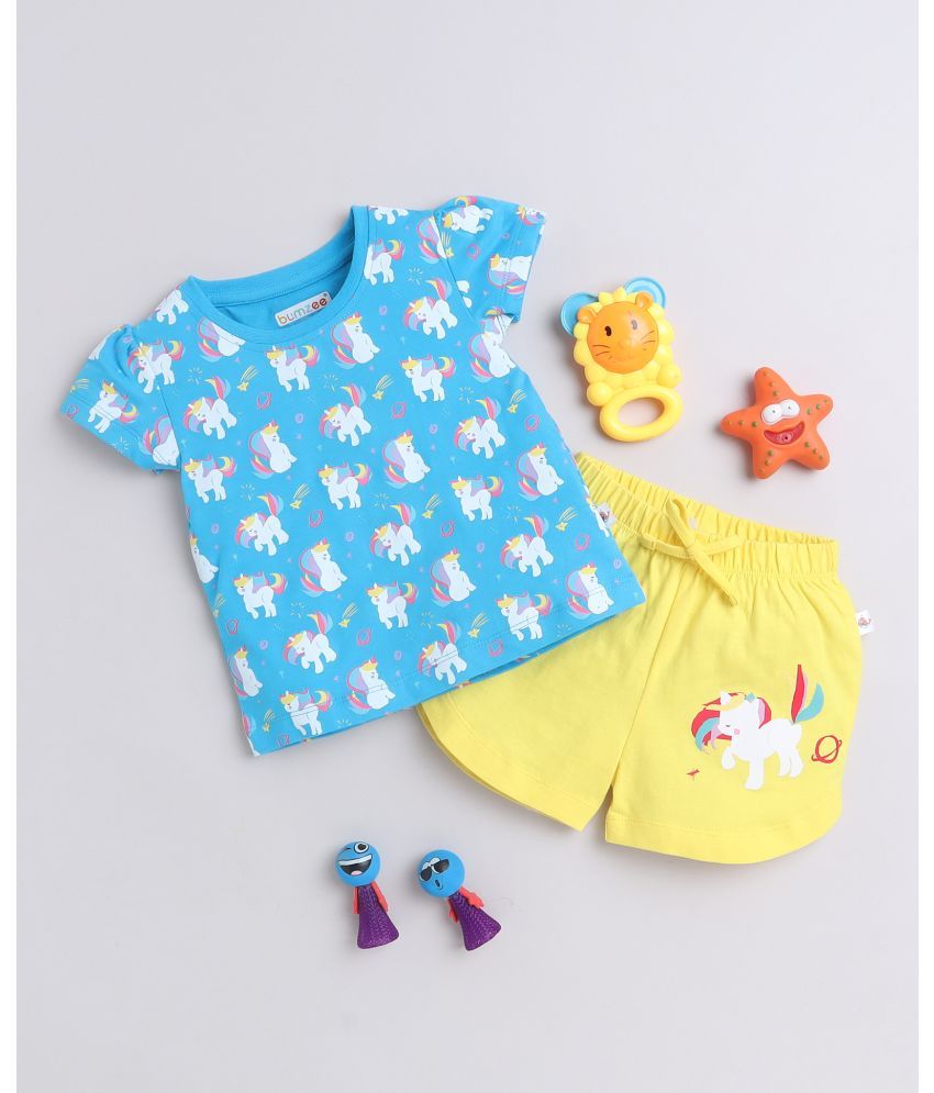     			BUMZEE Blue & Yellow Girls Cap Sleeves T-Shirt & Short Set Age - 12-18 Months