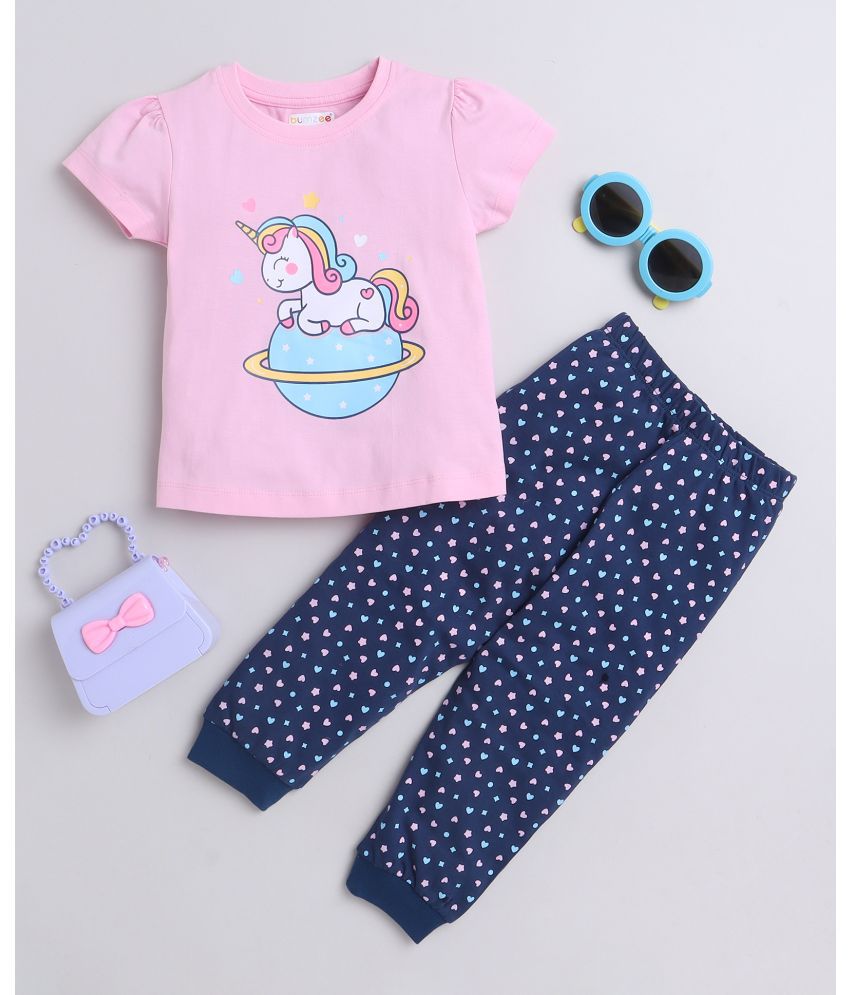     			BUMZEE Navy & Pink Girls Half Sleeves T-Shirt & Pyjama Set Age - 12-18 Months