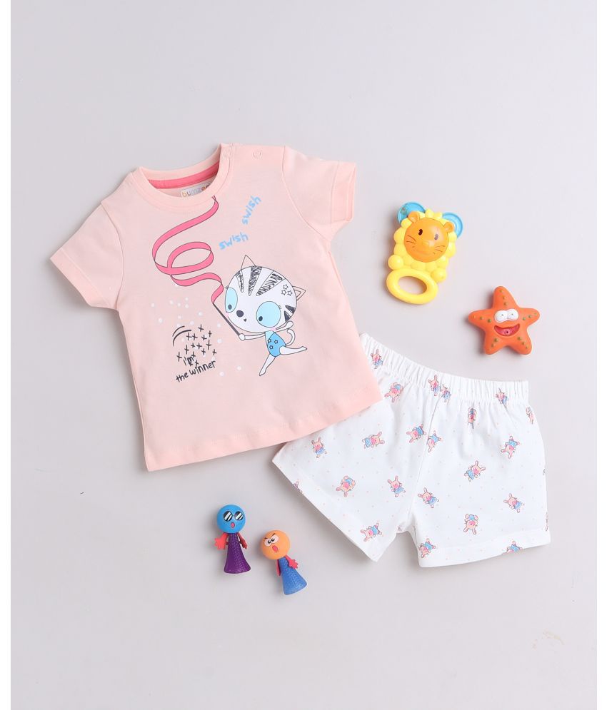     			BUMZEE Peach & White Girls Half Sleeves T-Shirt & Short Set Age - 6-9 Months