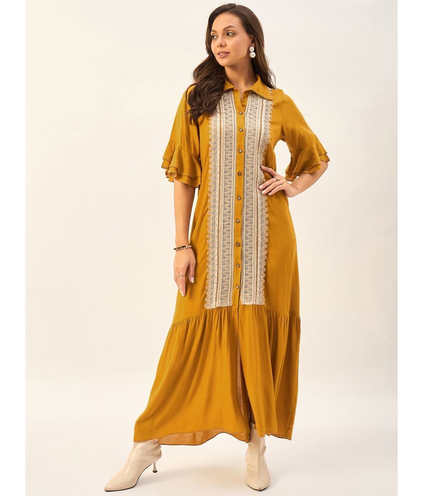     			DRAPE AND DAZZLE Rayon Embroidered Full Length Women's Shirt Dress - Mustard ( Pack of 1 )