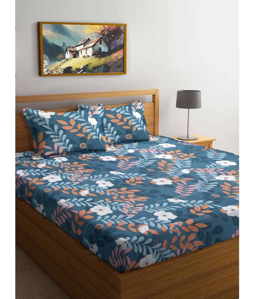     			FABINALIV Poly Cotton Floral 1 Double Bedsheet with 2 Pillow Covers - Navy Blue