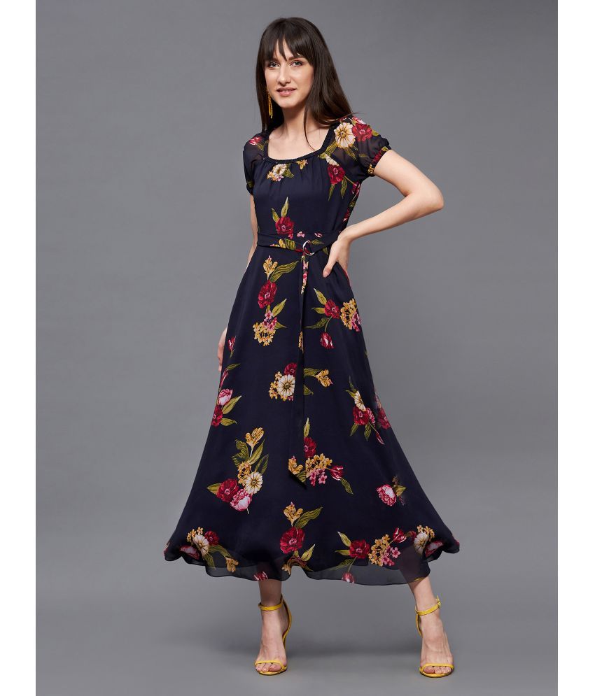     			Miss Chase Georgette Printed Midi Women's Fit & Flare Dress - Navy ( Pack of 1 )