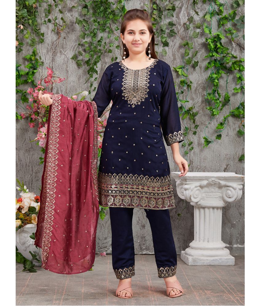     			Aarika Navy Silk Girls Kurta and Pant Set ( Pack of 1 )