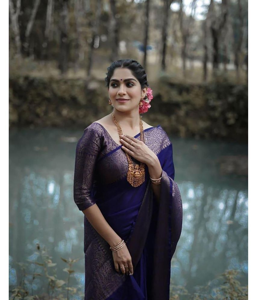     			Anjaneya Sarees Banarasi Silk Woven Saree With Blouse Piece - Navy Blue ( Pack of 1 )