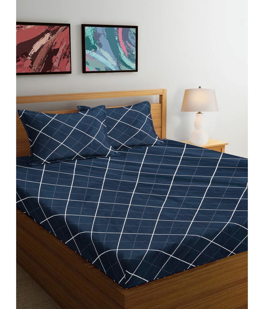     			FABINALIV Poly Cotton Big Checks 1 Double Bedsheet with 2 Pillow Covers - Dark Blue