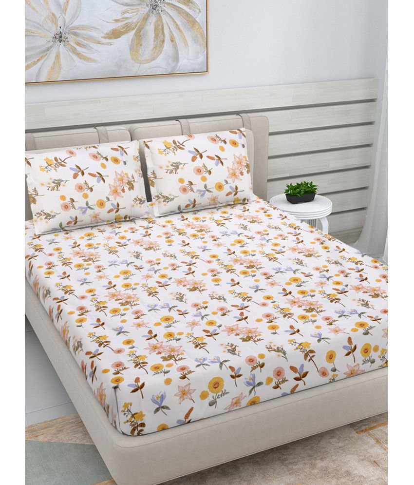     			FABINALIV Poly Cotton Floral 1 Double Bedsheet with 2 Pillow Covers - Off White