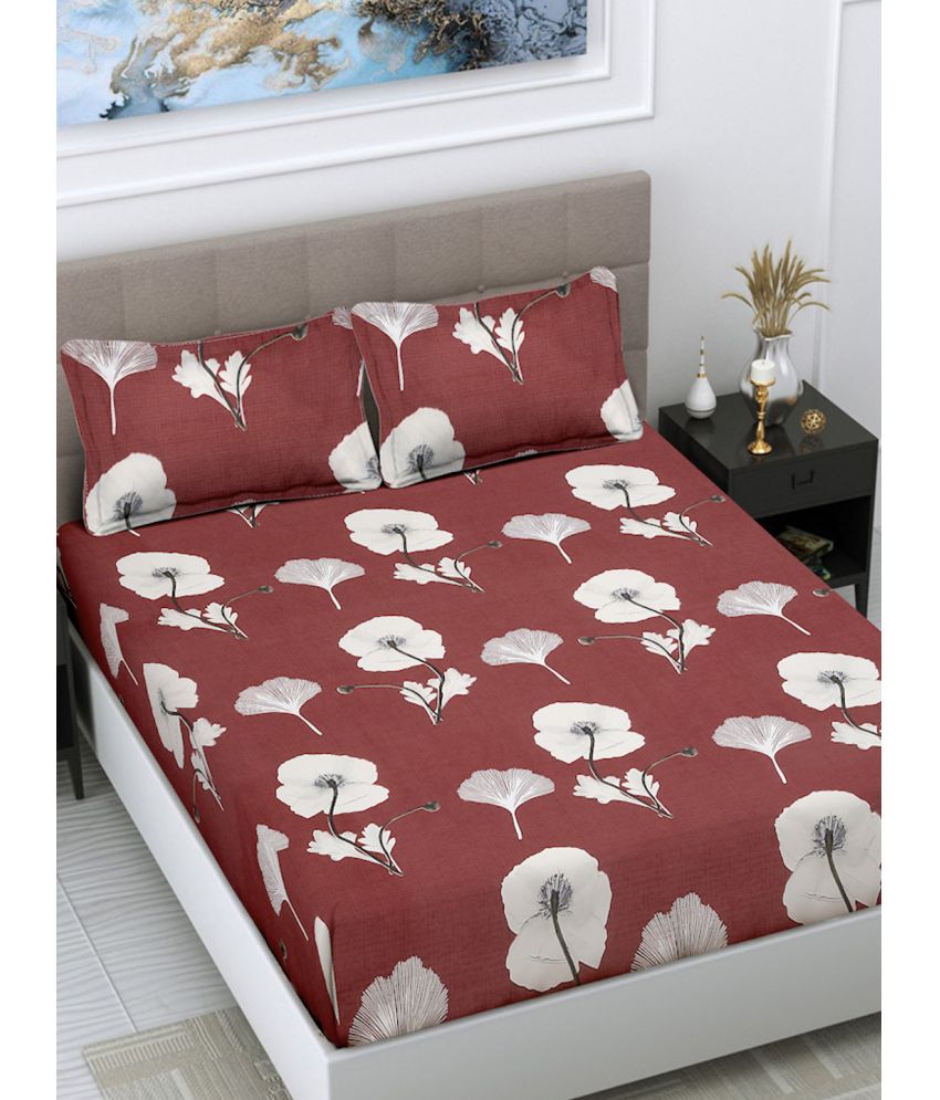     			FABINALIV Poly Cotton Floral 1 Double Bedsheet with 2 Pillow Covers - Maroon
