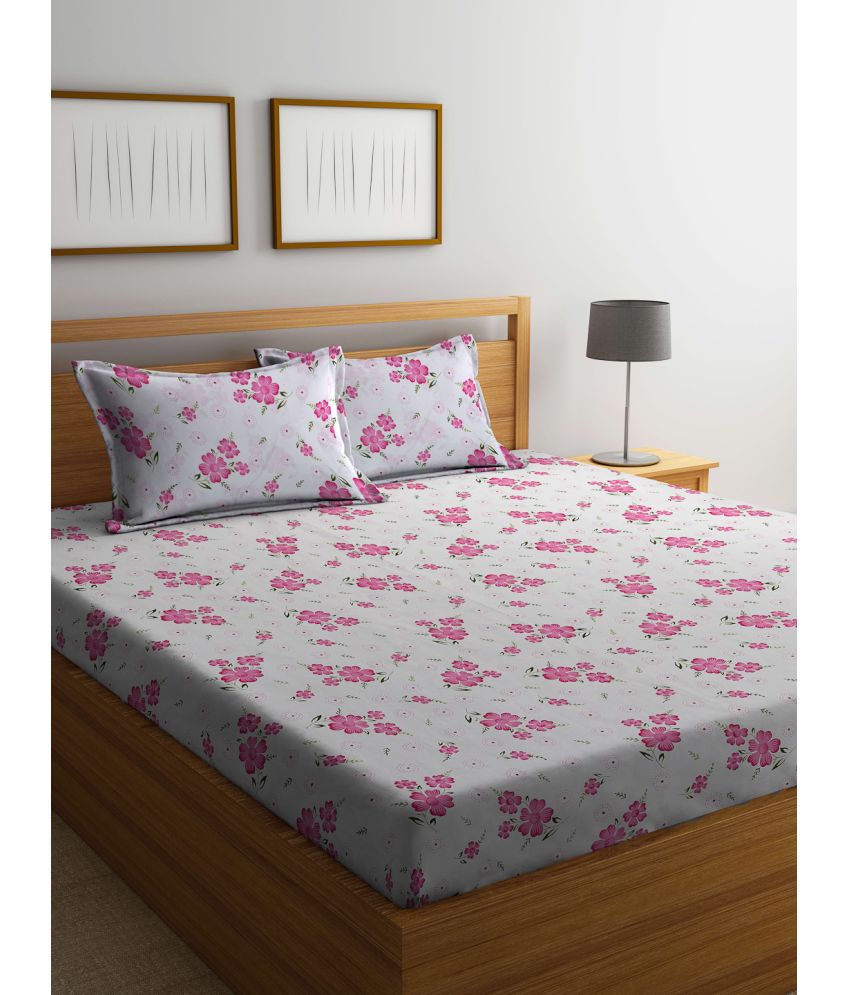     			FABINALIV Poly Cotton Floral 1 Double Bedsheet with 2 Pillow Covers - White
