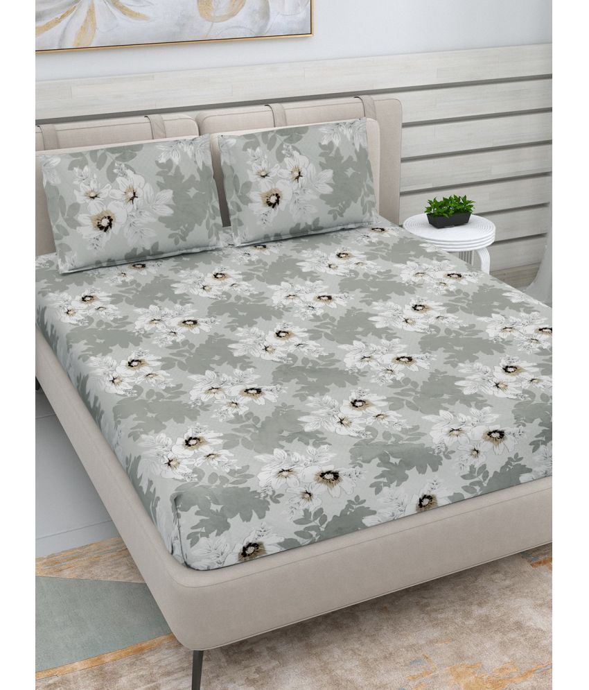     			FABINALIV Poly Cotton Floral 1 Double Bedsheet with 2 Pillow Covers - Silver