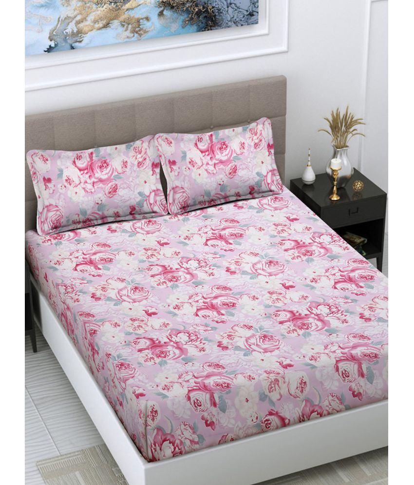     			FABINALIV Poly Cotton Floral 1 Double Bedsheet with 2 Pillow Covers - Pink
