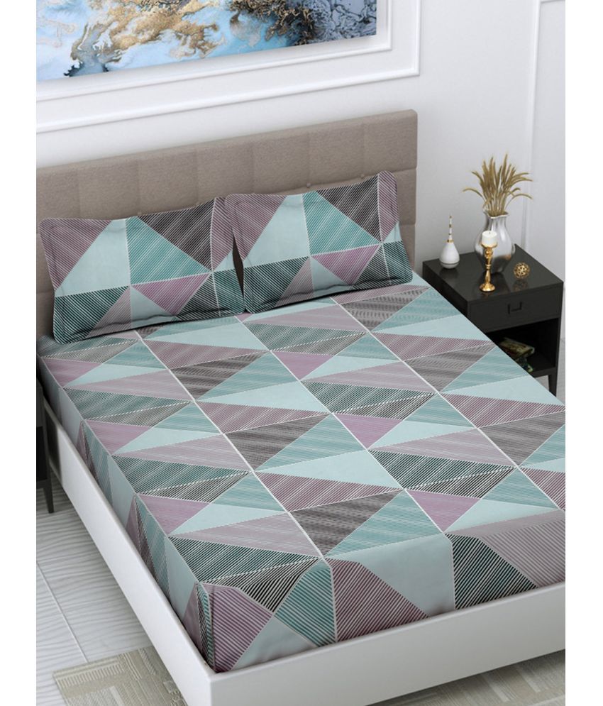     			FABINALIV Poly Cotton Geometric 1 Double Bedsheet with 2 Pillow Covers - Green
