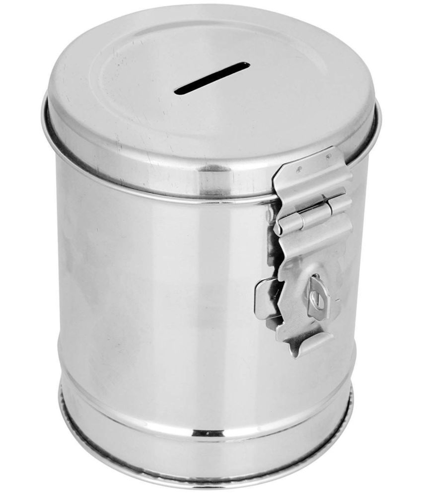     			Fritts 100% Stainless Steel Round Shape Piggy Bank | Money Bank Container - Stainless Steel Silver Coin Box Piggy Bank (Pack of 1)