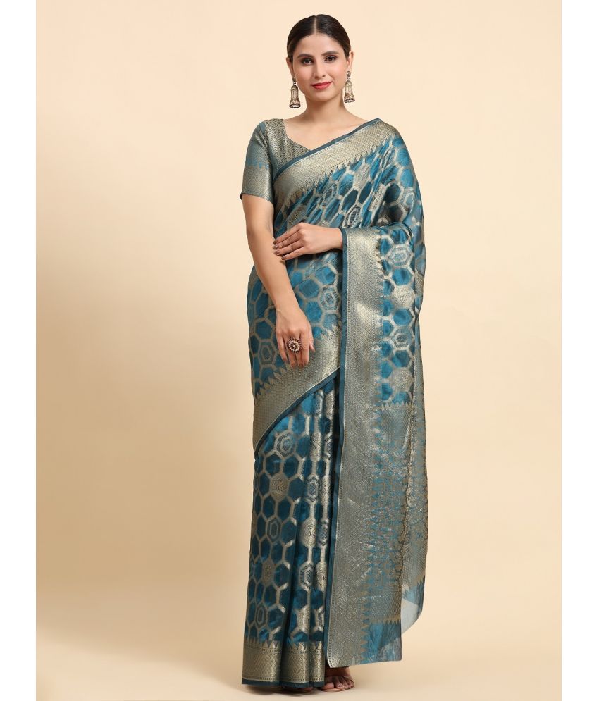     			KALIPATRA Organza Woven Saree With Blouse Piece - SkyBlue ( Pack of 1 )