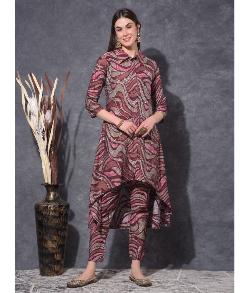     			Mamoose Chanderi Printed Kurti With Pants Women's Stitched Salwar Suit - Maroon ( Pack of 1 )