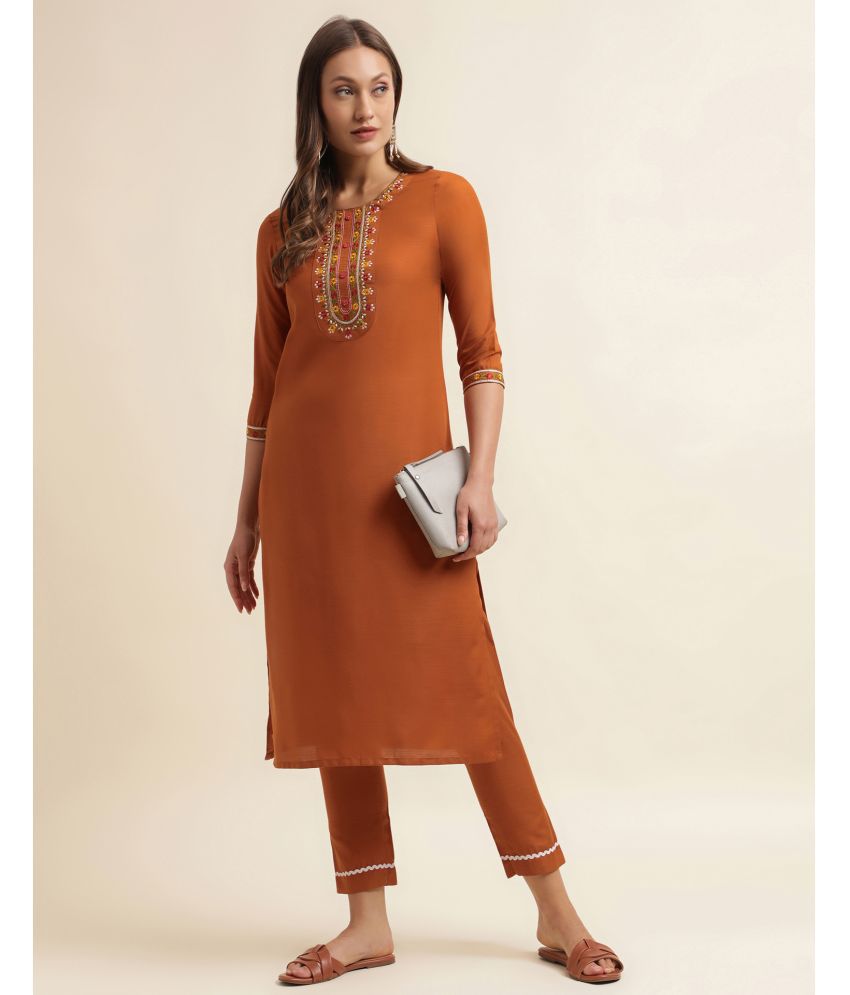     			Skylee Cotton Blend Embroidered Kurti With Pants Women's Stitched Salwar Suit - Rust ( Pack of 1 )