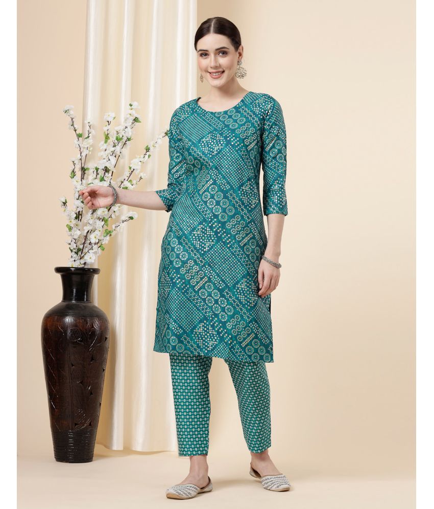     			Skylee Cotton Blend Printed Kurti With Pants Women's Stitched Salwar Suit - Green ( Pack of 1 )
