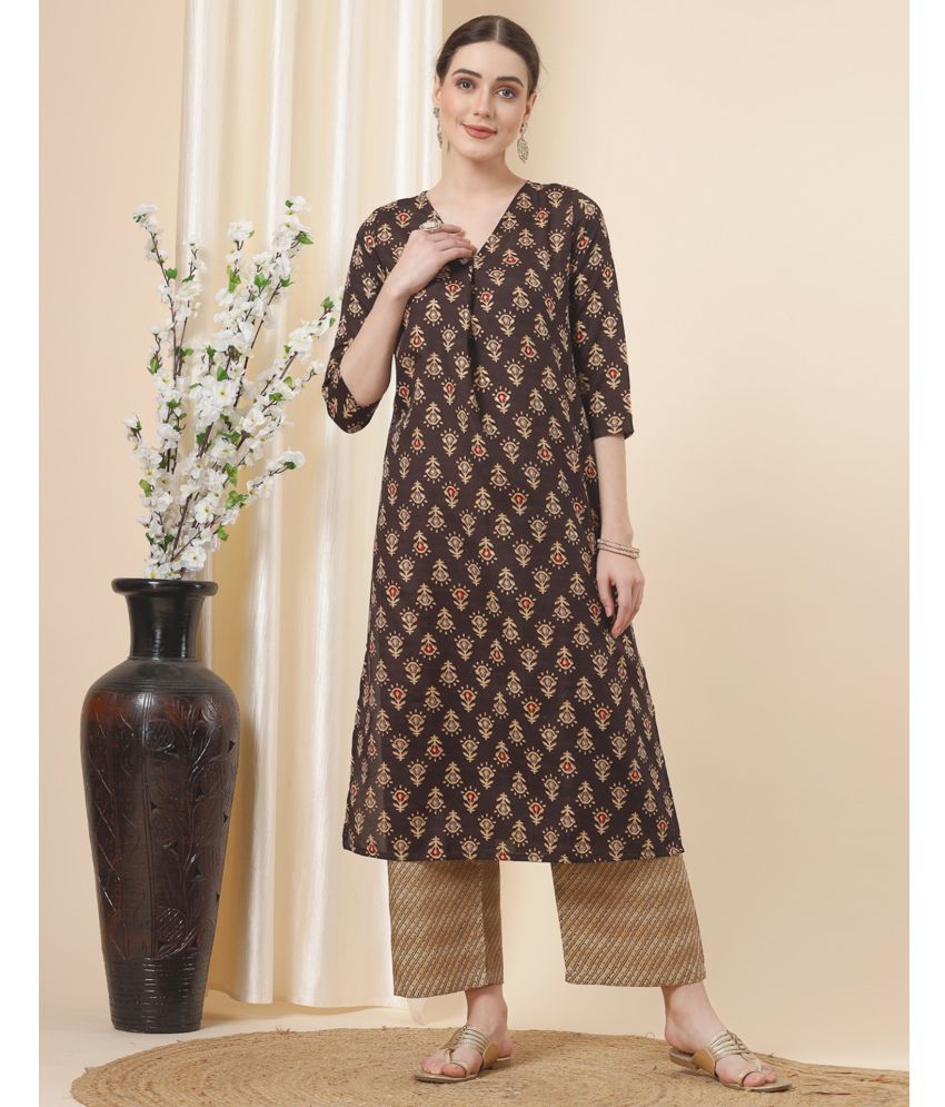     			Skylee Cotton Blend Printed Kurti With Pants Women's Stitched Salwar Suit - Brown ( Pack of 1 )